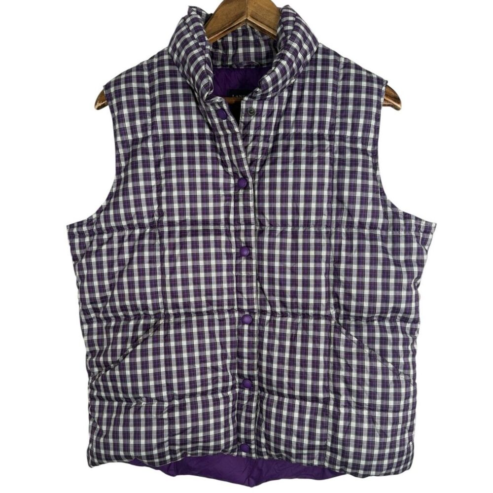 Lands End Womens Purple Plaid Down Filled Vest Sz M Warm Puffer Cozy